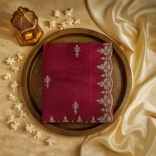[97417001EV28F3] Elegant Wine Red Organza Saree with Scalloped Embroidered Border