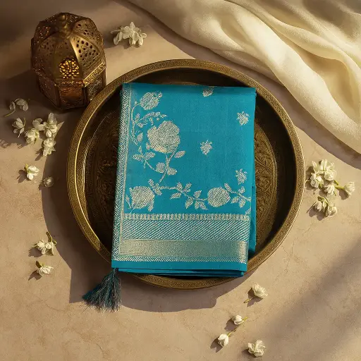 [97417001UA26F3] Elegant Teal Saree with Floral Silver Zari Embroidery Border