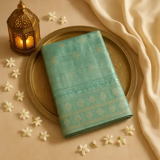[42317072EX53F2] Elegant Sage Green Zari Embellished Designer Saree