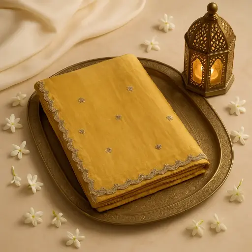 [42317072EX58F2] Elegant Gold Tissue Saree with Scalloped Sequin Border