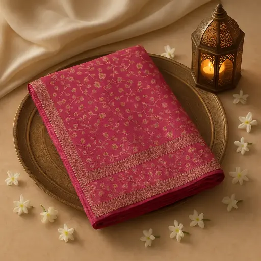 [42317072EX70F2] Elegant Pink Banarasi Silk Saree with Scalloped Zari Border