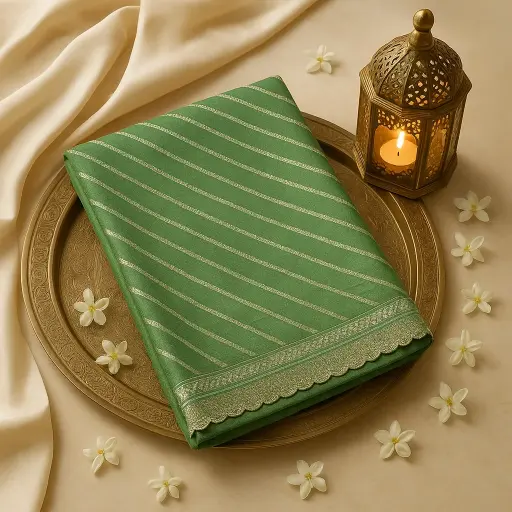 [42317072EX74F2] Elegant Sage Green Diagonal Stripe Zari Saree with Embroidery