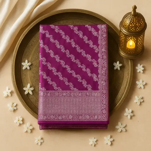 [97517091ET43F2] Elegant Magenta Silk Saree with Traditional Silver Zari Border
