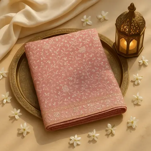 [70317091EX37F2] Elegant Peach Embellished Designer Saree with Mirror Work Border