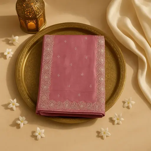 [70317093EX45F2] Elegant Mauve Silk Saree with Intricate Hand-Embroidered Floral Border