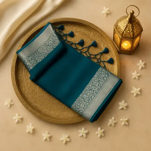 [73817001EV66F2] Elegant Teal Green Silk Blend Saree with Silver Zari Border