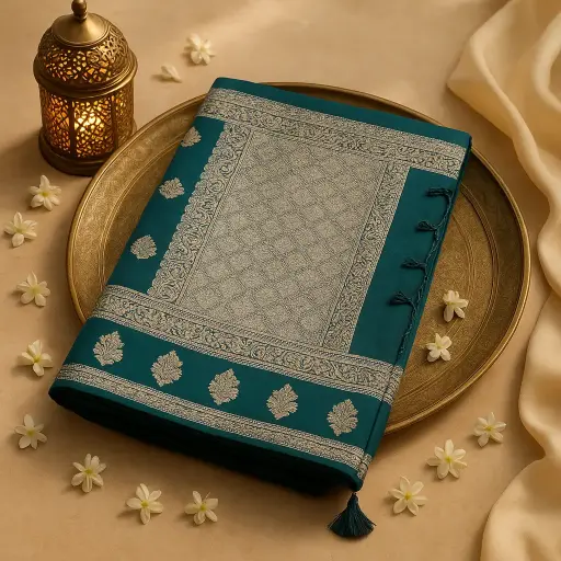 [73817001EV69F2] Elegant Teal Designer Saree with Silver Zari Motif Weaving 