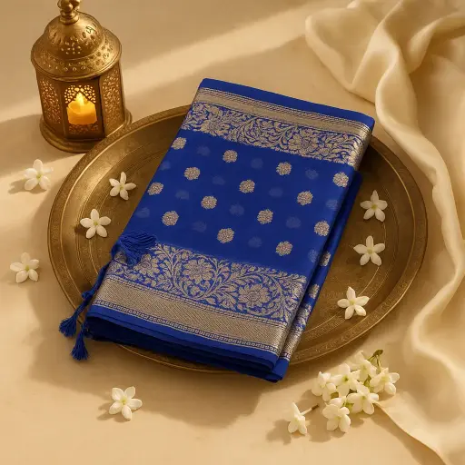 [73817001EV73F2] Royal Blue Zari Woven Designer Banarasi Saree