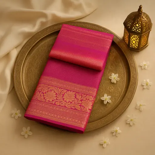 [67309001EW00F2] Luxury Pink Silk Saree with Exquisite Traditional Zari Border