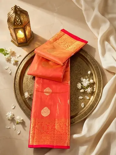 [67309001EW01F2] Coral Red Banarasi Silk Saree with Rich Zari Weave