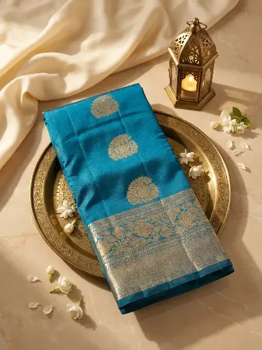 [67309001EW03F2] Peacock Blue Handwoven Silk Saree with Rich Gold Zari Border