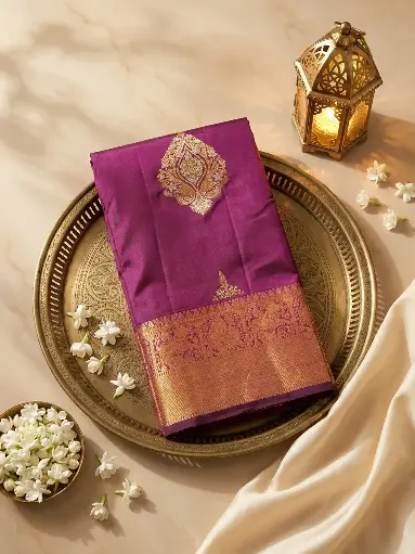 [67309001EW04F2] Wine Magenta Kanchipuram Silk Saree With Gold Zari Weave