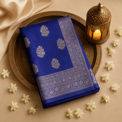 [67309001EW05F2] Royal Blue Traditional Banarasi Silk Saree with Intricate Zari 
