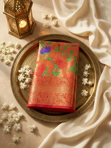 [67309001EW10F2] Coral Orange Paithani Weave Silk Saree with Zari Border