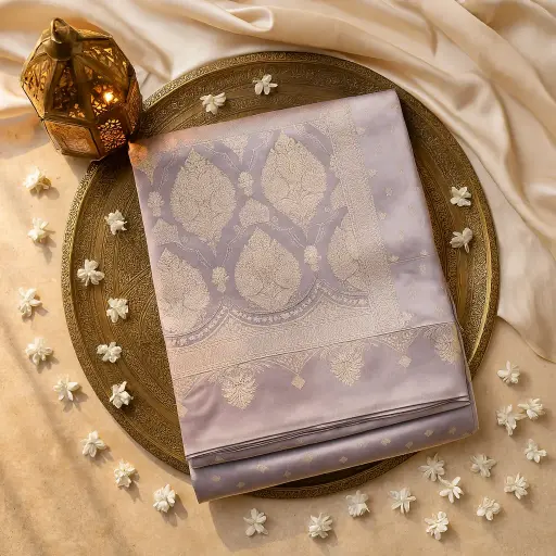 [80109001EV78F2] Elegant Dusty Lavender Banarasi Silk Saree with Gold Zari 