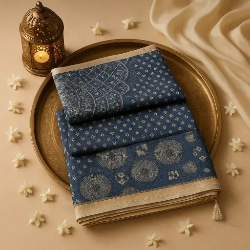 [80109001EV81F2] Elegant Indigo Blue Geometric Print Saree with Zari Border