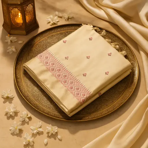 [80109001EV86F2] Elegant Cream Saree with Pink Embroidered Border and Tassels 