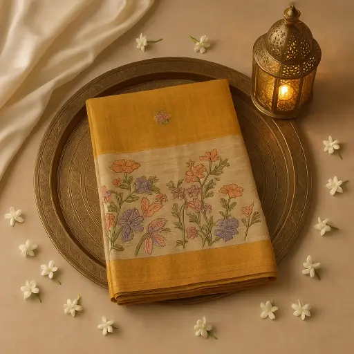 [80109001EV89F2] Elegant Mustard Textured Saree with Floral Sequin Embroidery 