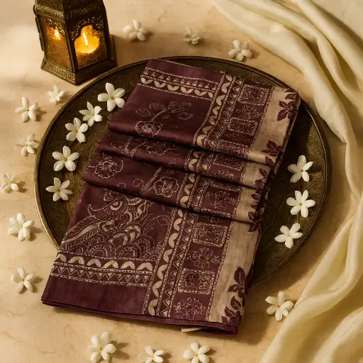 [80109001EV90F2] Elegant Deep Wine Hand-Embroidered Ethnic Silk Saree