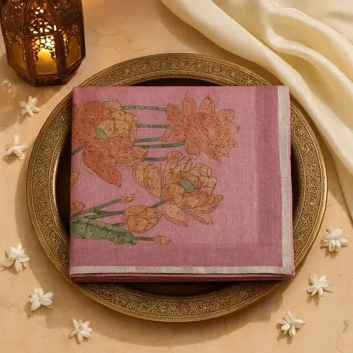 [80109001EV91F2] Elegant Pink Lotus Motif Embroidered Cotton Silk Saree