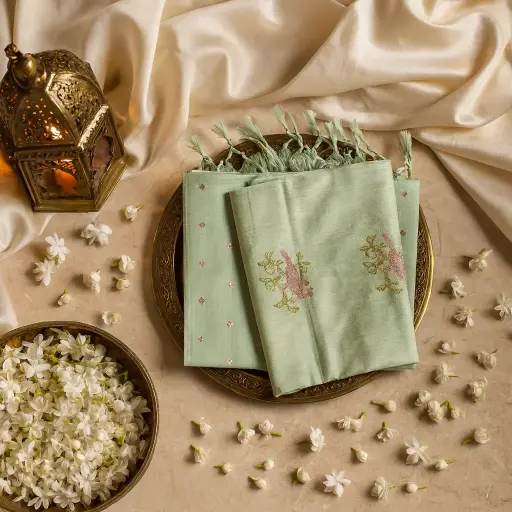 [80109001EV93F2] Elegant Mint Green Embroidered Saree with Bird Motif