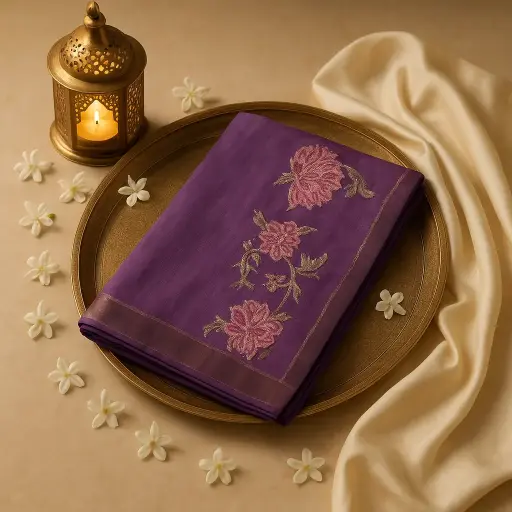 [80109001EV96F2] Purple Floral Printed Linen Saree