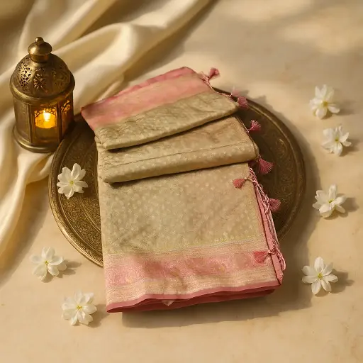 [80109001EW25F2] Elegant Beige and Pink Banarasi Silk Festive Saree