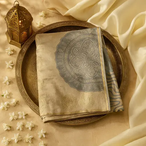 [80109001EW13F2] Elegant Beige Woven Saree with Grey Wave and Bandhani Print