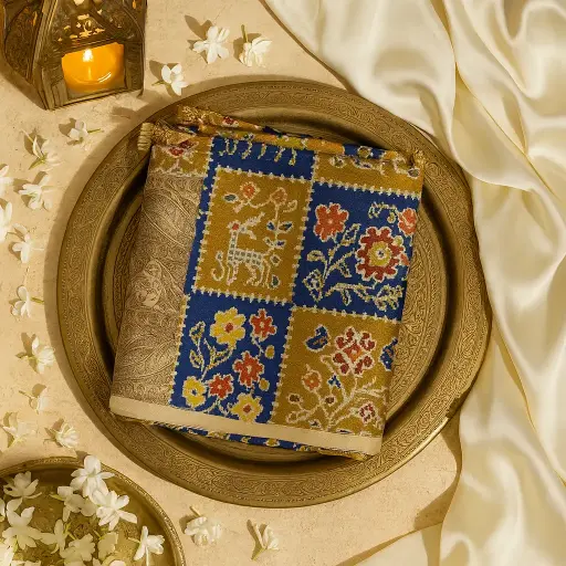 [80109001HG47F2] Multicolor Patola Print Saree with Intricate Gold Zari Border