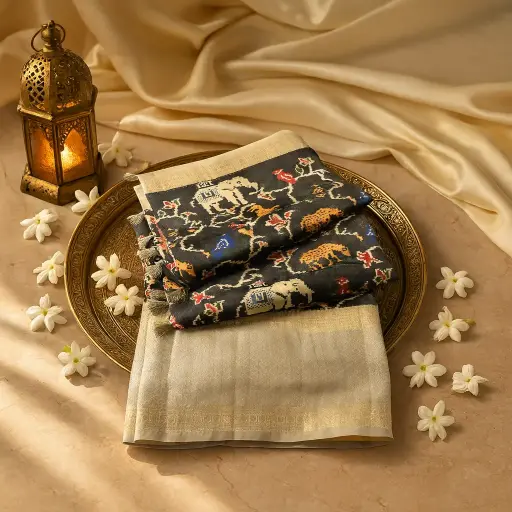 [80109001EW15F2] Elegant Black Ikat Elephant Motif Saree with Silver Zari Border