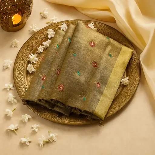 [80109001EW16F2] Elegant Olive Green Embroidered Silk Saree with Gold Border