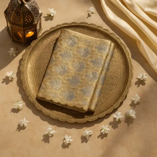 [80109001EW17F2] Elegant Golden Tissue Saree with Silver Zari Leaf Motifs