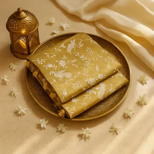 [80109001EW19F2] Exquisite Golden Tissue Saree with Floral and Peacock Embroidery