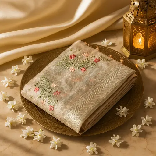 [80109001EW20F2] Elegant Beige Floral Embroidered Tissue Saree with Zari Border