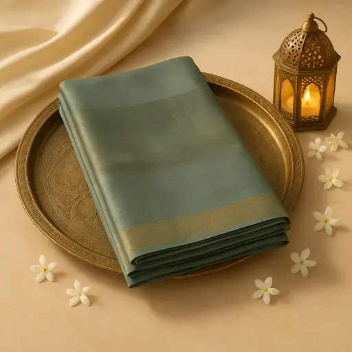 [80109001EW22F2] Elegant Olive Green Metallic Tissue Silk Saree with Tassels
