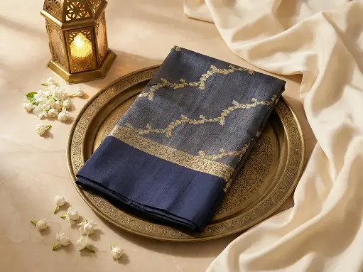[80109001EW28F2] Midnight Blue Handwoven Raw Silk Saree with Antique Zari