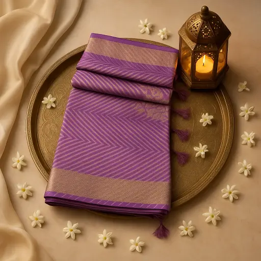 [80109001EW32F2] Elegant Purple Striped Silk Saree with Traditional Zari Border