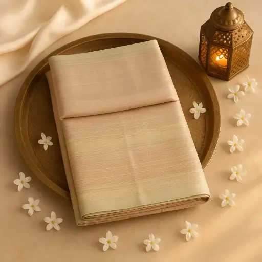 [80109001EW33F2] Elegant Rose Gold Metallic Tissue Silk Saree with Zari Stripes