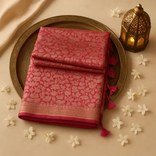 [80109001EW35F2] Exquisite Fuchsia Silk Saree with Traditional Elephant Zari Motif 