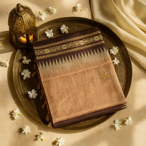 [80109001EW38F2] Elegant Peach and Brown Embroidered Ethnic Silk Blend Saree
