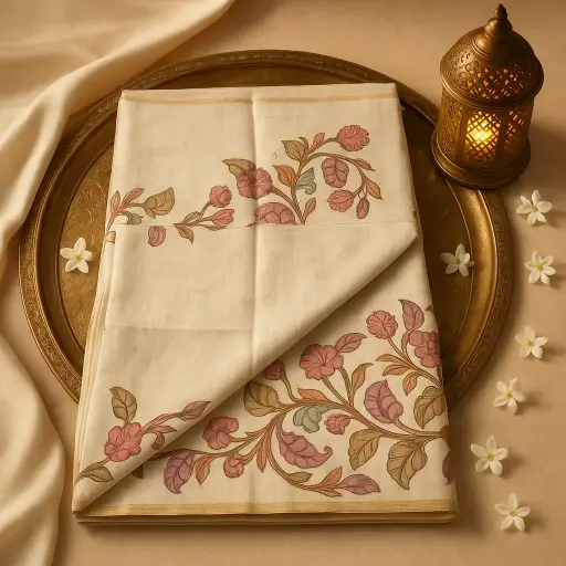 [80109001EW39F2] Elegant Off-White Floral Printed Linen Saree with Zari Border