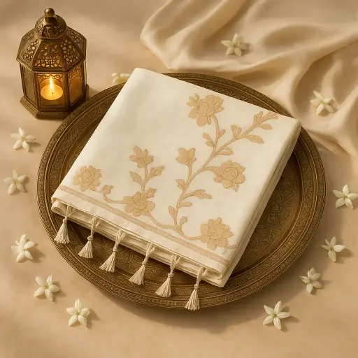 [80109001EW40F2] Elegant Beige and Bronze Floral Embroidered Tissue Designer Saree 