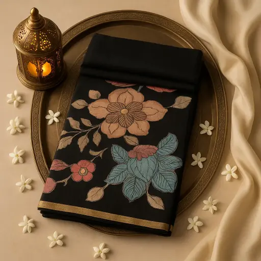 [80109001EW41F2] Elegant Black Floral Print Designer Saree with Zari Border