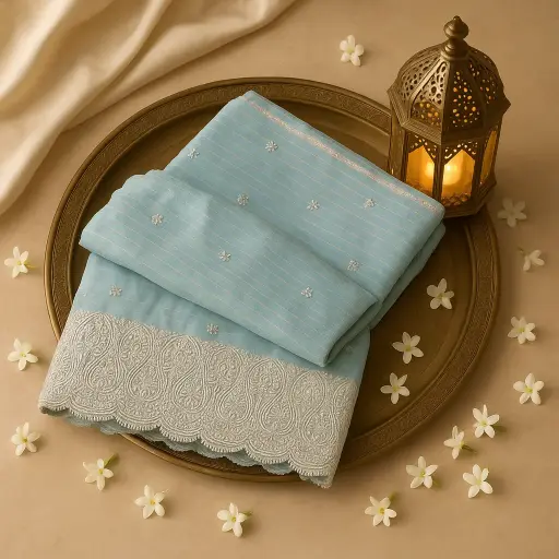 [80109001EW42F2] Elegant Sky Blue Designer Saree with Intricate Scalloped Border