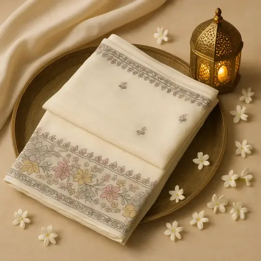 [80109001EW45F2] Elegant Off-White Floral Embroidered Designer Organza Saree