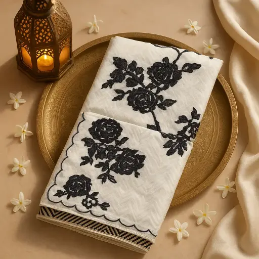 [80109001EW46F2] Elegant Monochrome Geometric Floral Embroidered Designer Saree