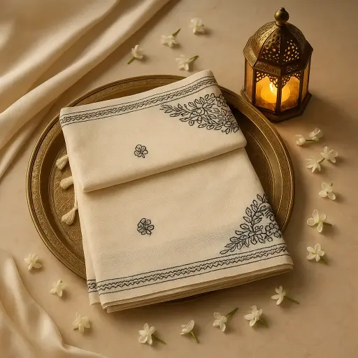 [80109001EW47F2] Elegant Off-White Silk Saree with Black Floral Embroidery