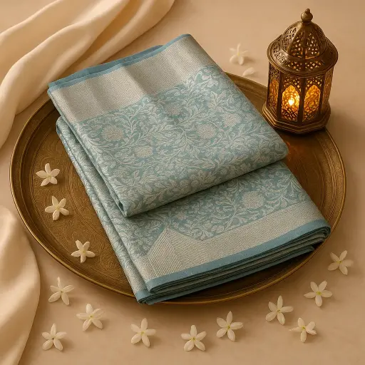 [80109001EW54F2] Elegant Sky Blue Designer Saree with Intricate Zari Weave