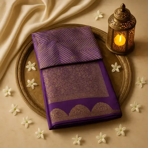 [80109001EW56F2] Elegant Purple Striped Silk Saree with Traditional Zari Border