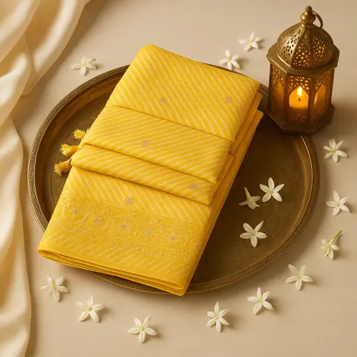 [80109001EW57F2] Elegant Mustard Yellow Tissue Silk Zari Border Festive Saree
